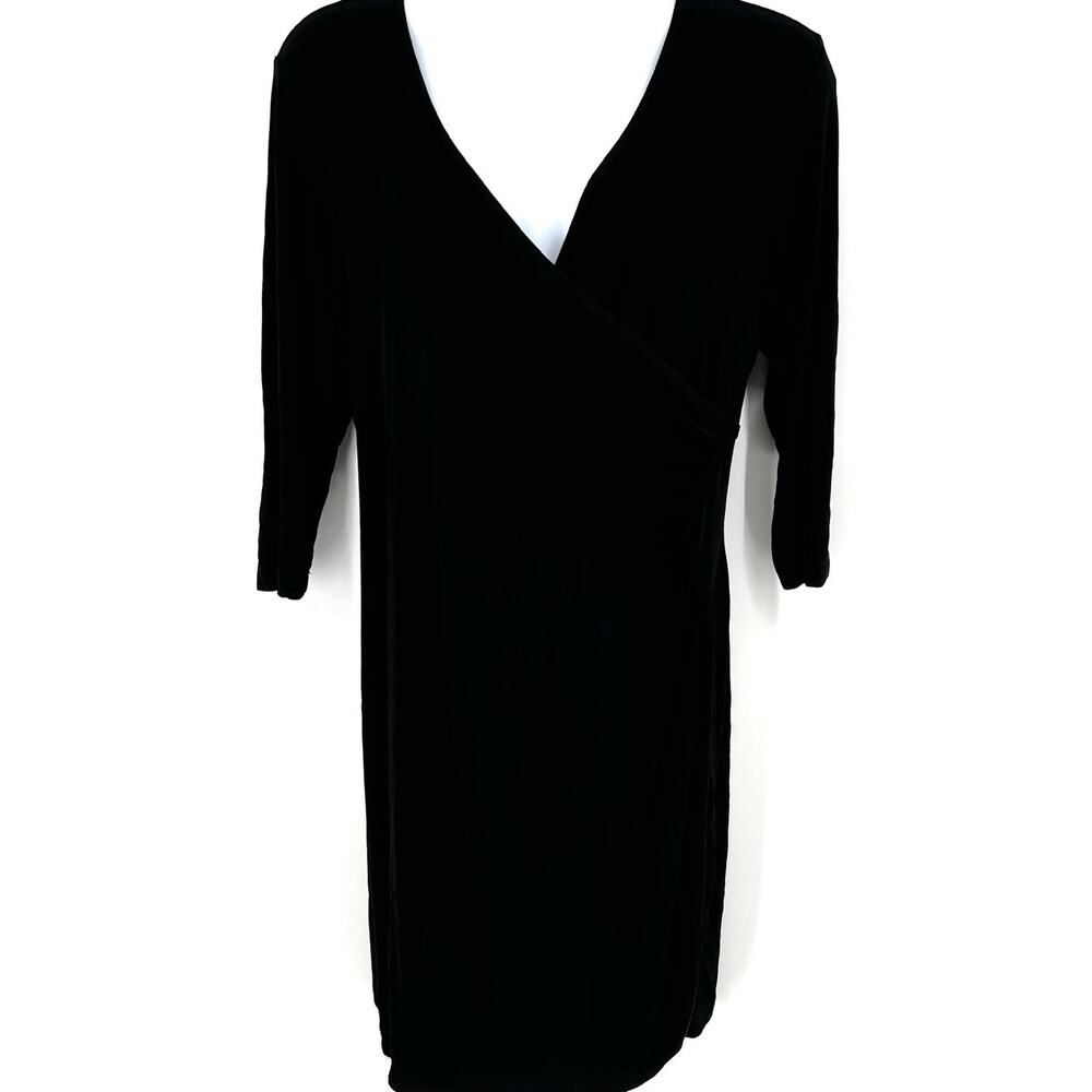 VTG Chicos Travelers Black Knit Faux Wrap Side Ruched Dress Chicos Size 3 (XL)